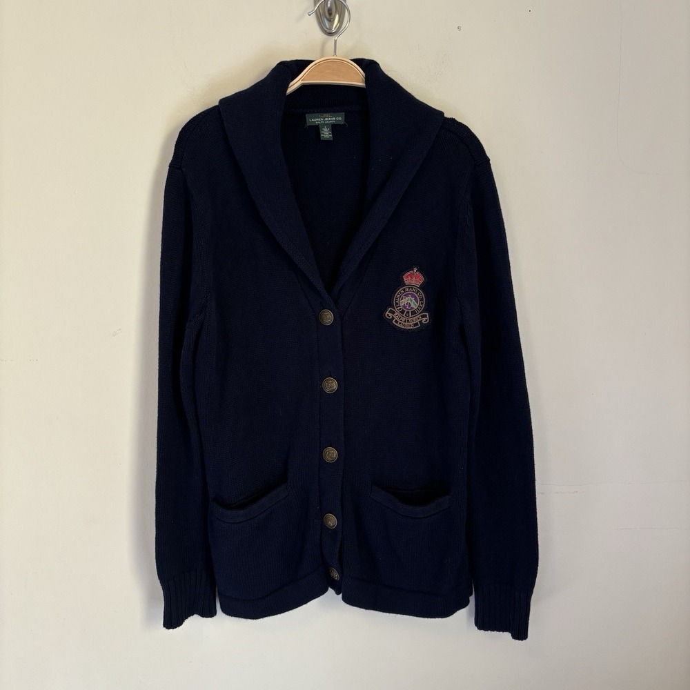 Lauren Ralph Lauren Women's‎ Cardigan Sweater Navy Crest Patch Logo Old Money L